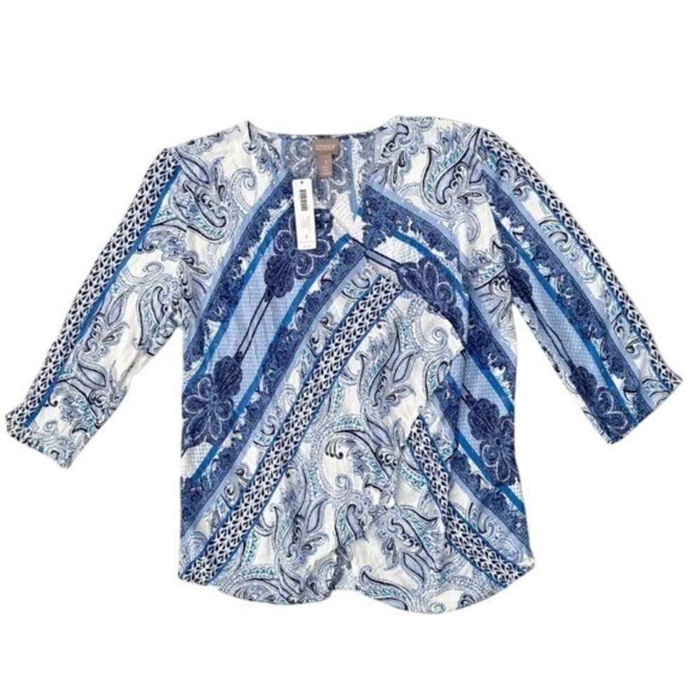 Chico's‎ Asheville Paisley Knit Drape Blouse Women 1 Blue